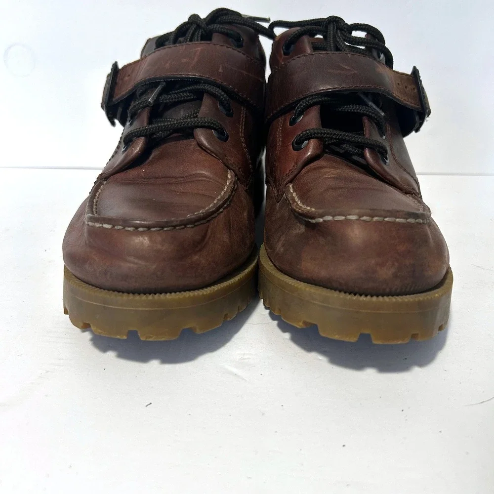 Vtg Eastland Brooklyn Moc Toe Boots Mens 9.5 Brown Buckle Strap Lug Sole Y2K